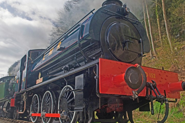a red and black train engine