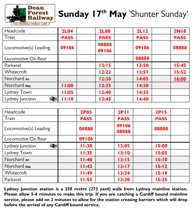 Timetable for Dean Forest Railway on Sunday 17th May, displaying train schedules and station stops.