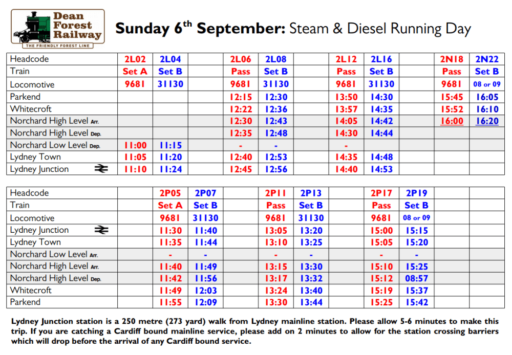 Train schedule for Sunday 6th September, featuring steam and diesel services with times and stops.