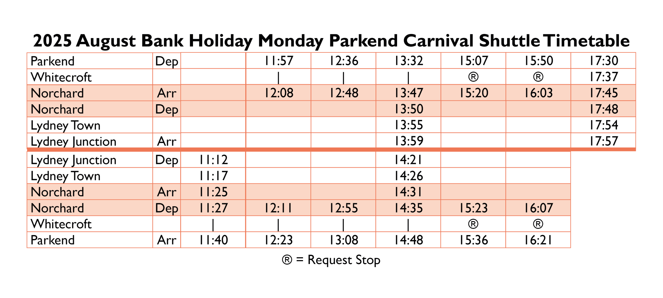 2025 Parkend Carnival shuttle timetable with arrival and departure times.