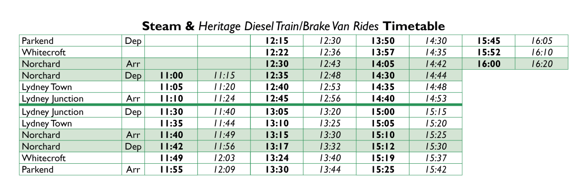 2025 Steam and Diesel Timetable table