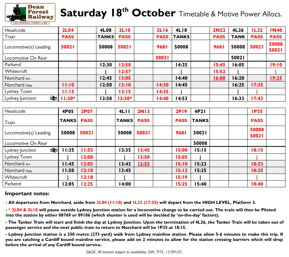 Dean Forest Railway timetable for Saturday, showing train times and locomotive details.
