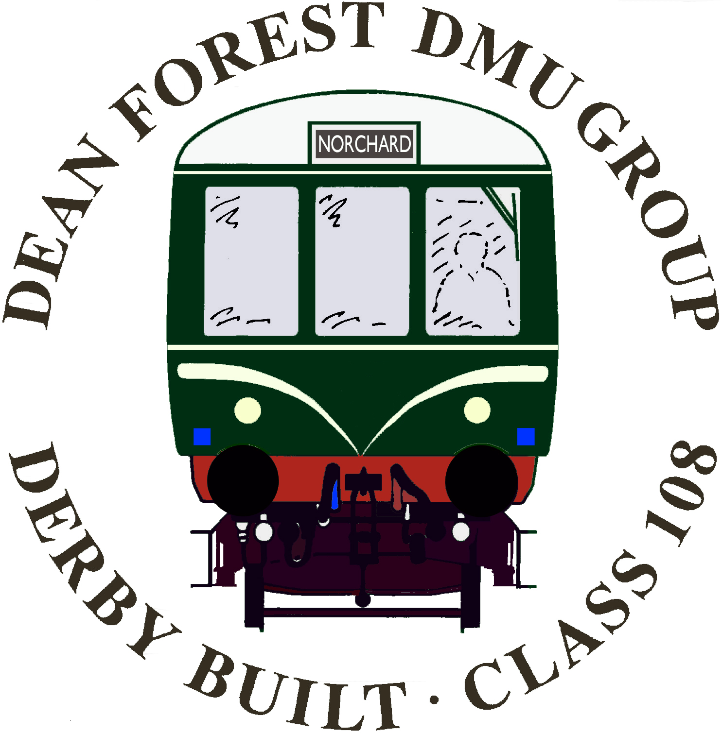 Illustration of a green train front with 'Dean Forest DMU Group' text around it.